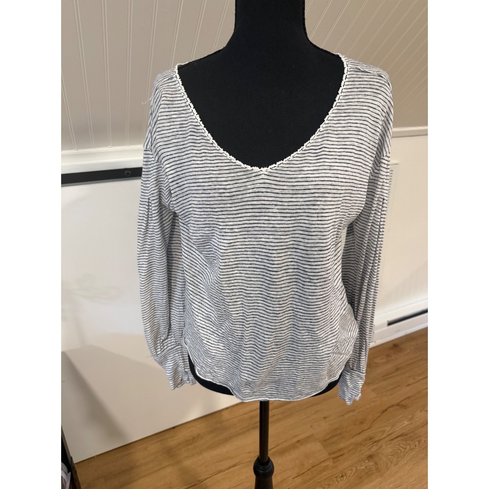 Sundance Med Blue White Striped Linen Long Sleeve Top Crochet Coastal Nautical